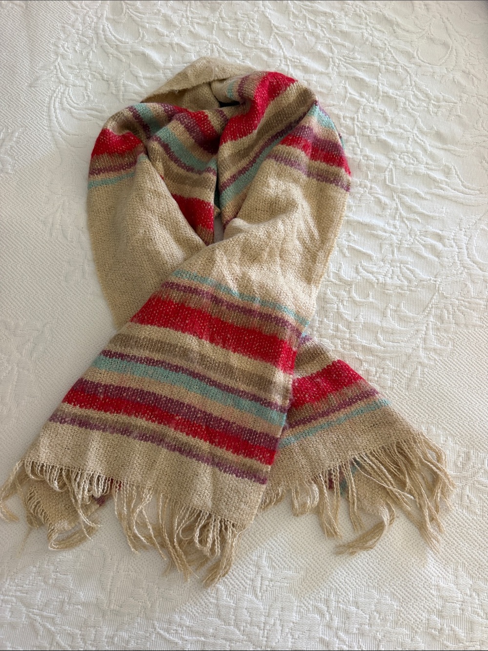 Ralph Lauren LRL Lauren Jeans Co. Striped Camel Fringed Wrap Scarf